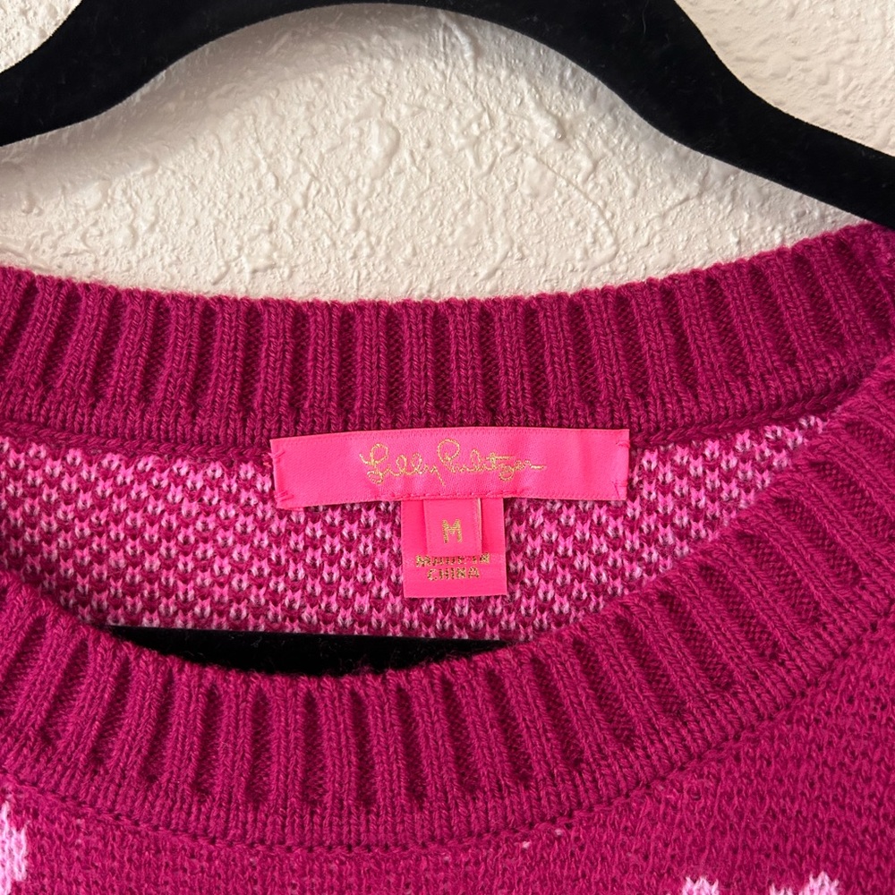 Lilly Pulitzer Elizabelle Sweater Mulberry Hearts Medium EUC - Picture 2 of 5